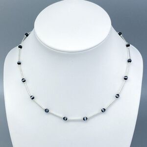 Vintage Sterling Silver 925 Green Simulated Tiger's Eye Station Necklace 16"
